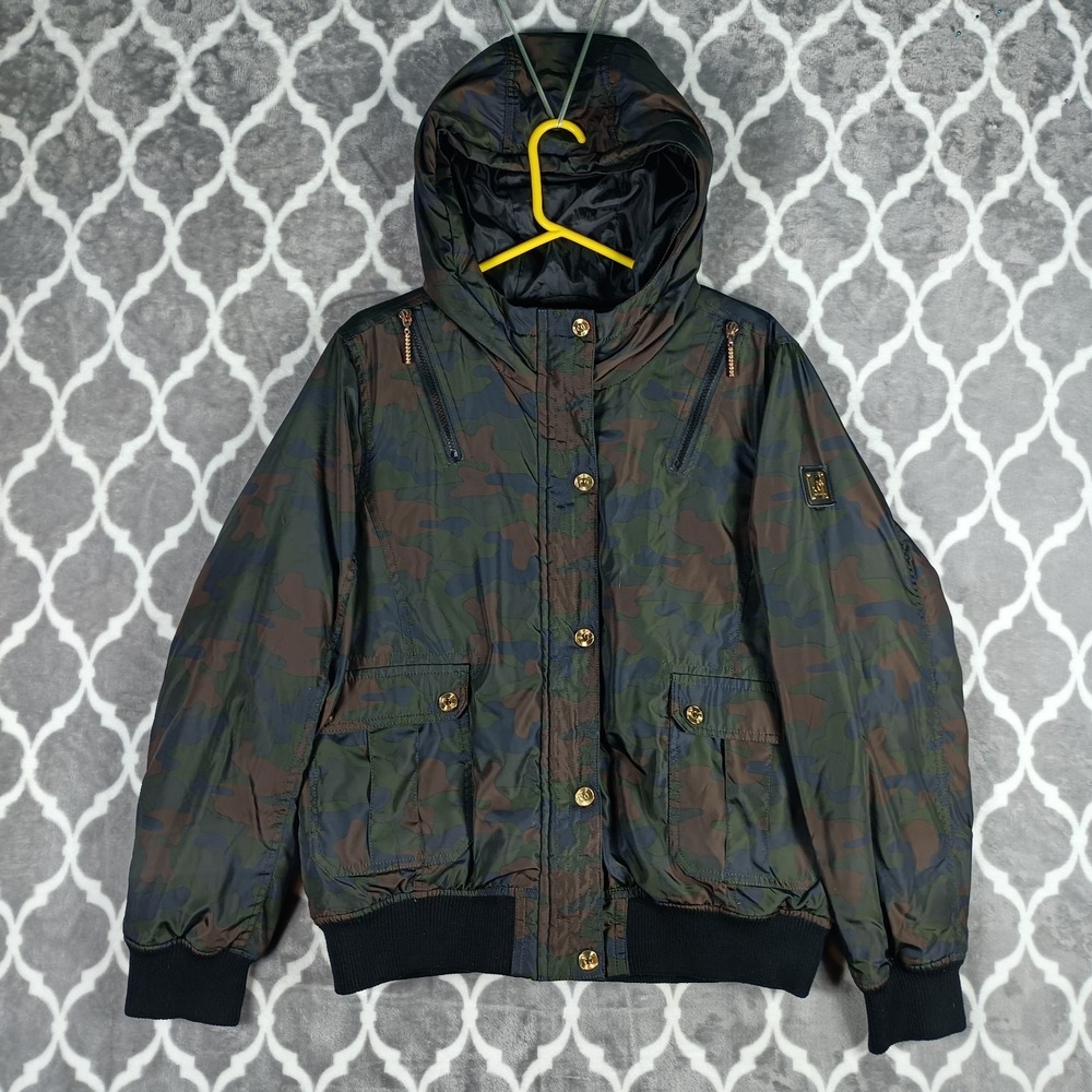 Rocawear Bomber Jacket Women XL Camo Hooded Full Zip Utility Gold Hardware